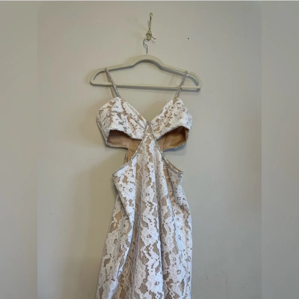 Likely Sarah Cutout Lace Feather Trim Maxi Dress